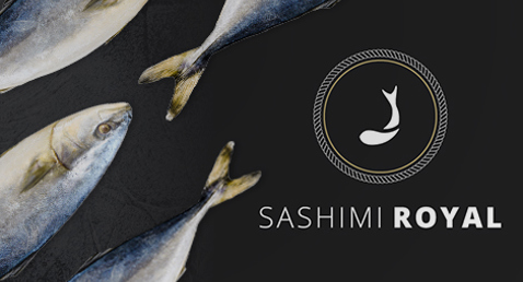Three fish on dark background with "Sashimi Royal" logo on the right.