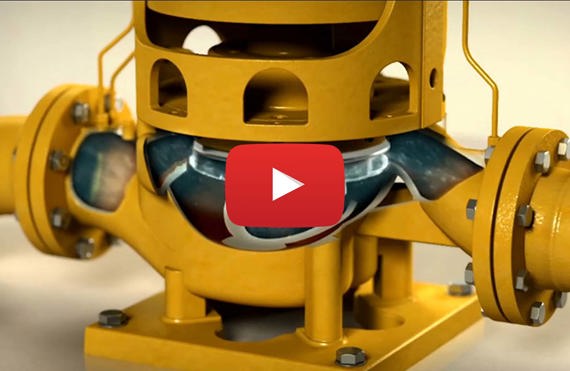 Yellow industrial pump with visible impeller, featuring a play button overlay.